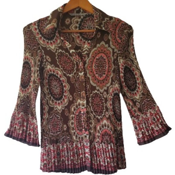 Signature By Larry Levine Crinkle Ruched 3/4 Bell Sleeve Vintage Blouse Sz Large - Picture 2 of 14